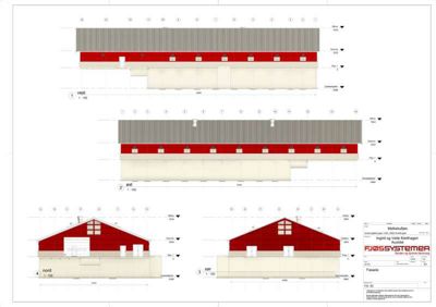 Fasadetegning som viser bygningens utseende fra fire sider (vest, øst, nord, sør) med mål og høyder.