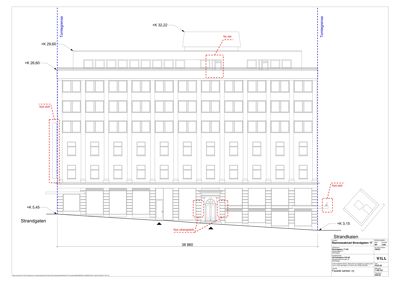 Fasadetegning som viser bygningens utseende fra fronten, med angitte høyder, gater og planlagte endringer.
