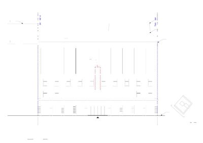 Fasadetegning av bygningen på Strandgaten 19, som viser fasadens utforming, vinduer, inngang og høydeangivelser.