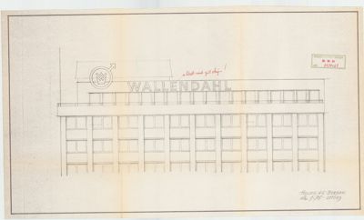 Fasadetegning av et bygg med 'WALLENDAL' skiltet på toppen.