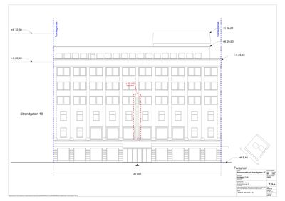 Fasadetegning av bygningen på Strandgaten 19, som viser fasadens utforming, vinduer, inngang og høydeangivelser.