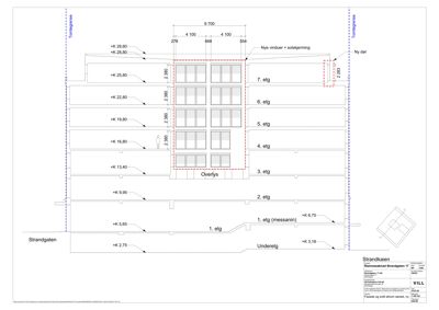 Fasadetegning som viser etasjehøyder, vindusoppsett og detaljer for fasadeendring på Strandkaia 17.