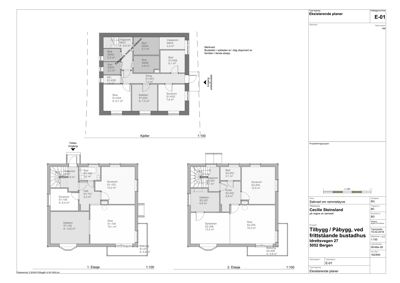 Etasjeplaner for en eksisterende og planlagt bolig, som viser romfordeling, arealer og plassering av vegg og trapp.