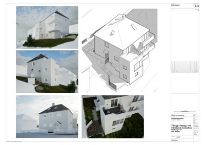 En samling av 3D-visualiseringer (renderinger) av en planlagt bygning, inkludert fasade- og perspektivvisninger.