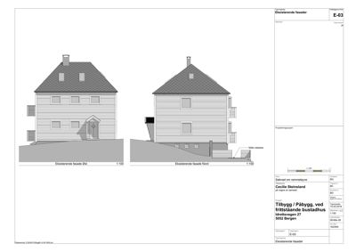 Tegning som viser eksisterende fasader (Øst og Nord) til en bustadhus i Bergen, inkludert vinduer, dører, tak og trapp.