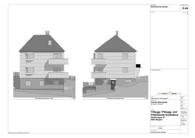 Tegning som viser eksisterende fasader (vest og sør) på en bygning i 1:100 skala.