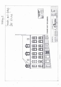Fasadetegning av en bygning mot Hellegata, med håndskrevet merking 'Fasade mot Hellegata før tiltaket' og stempel fra Ålesund Eiendom AS.