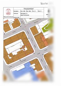 Situasjonskart som viser eiendommen Øvre gata 14 i forhold til nabolaget, gater og andre bygninger.