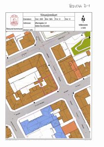 Situasjonskart som viser eiendommen Øvre gata 14 i forhold til nabolaget, gater og andre bygninger.