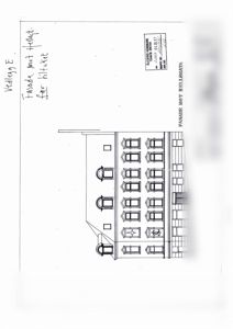 Fasadetegning av en bygning mot Hellegata, med håndskrevet merking 'Fasade mot Hellegata før tiltaket' og stempel fra Ålesund Eiendom AS.