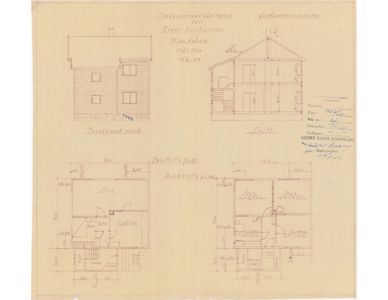 Bildet viser en tegning med fasadeopprikk (for- og sidevegg) og et snitt av en bygning. Det er også inkludert etasjeplaner (for- og bakre plan) med romfordeling og mål.
