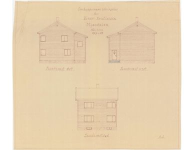 Fasadetegning som viser front- og sideopprikk av en bygning med håndskrevne notater om 'Trekksnitt' og 'Trekksnitt vest'.