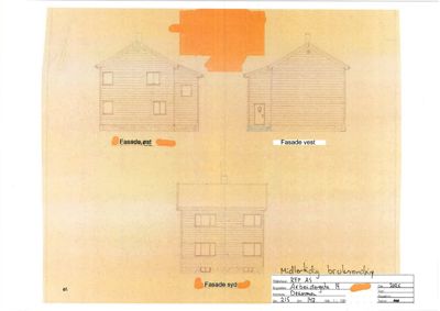 Fasadetegning som viser bygningens utsyn fra vest, syd og øst.