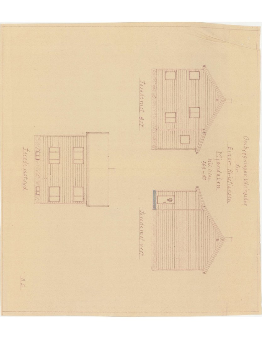 Fasadetegning som viser front- og sideopprikk av en bygning med håndskrevne notater om adresse og tegner.