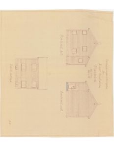 Fasadetegning som viser front- og sideopprikk av en bygning med håndskrevne notater om adresse og tegner.