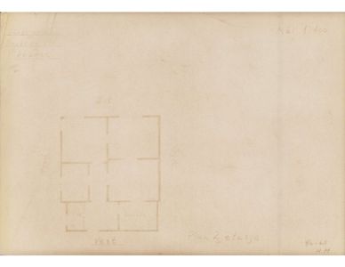 En håndskrevet etasjeplan (Plan 2 etasje) med romfordeling og retning (N, S, Ø, V).
