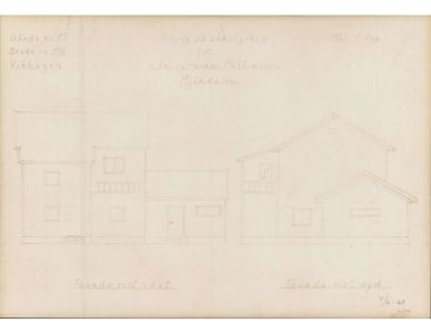Oppriss av fasader mot vest og syd for et hus, med håndskrevne notater om adresse og dato.