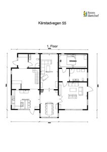 Etasjeplan (1. etasje) for Kårstadvegen 55 som viser romfordeling, møblering og dimensjoner.