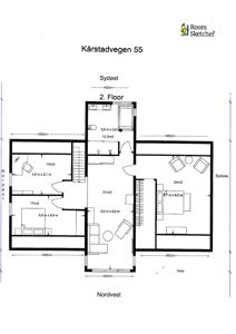 Etasjeplan for 2. etasje i Kårstadvegen 55, med romareal, dimensjoner og orientering.
