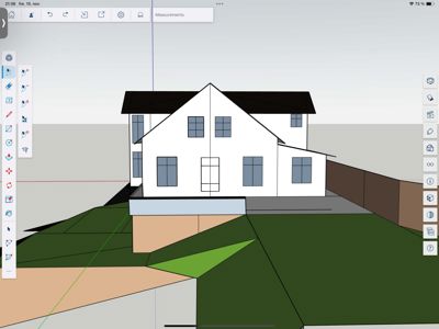 3D-visualisering av en husfasade med omgivende terreng, sett fra en vinkel.