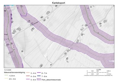 Kart over et område med topografi, vannstandstigningskart og flomaktsområde