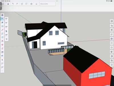3D-visualisering av en bygning med omgivende tomte og nabobygning