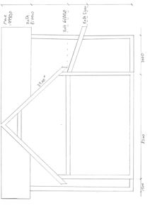 En håndtegnet detaljtegning som viser en takkonstruksjon med dimensjoner og høydeangivelser (f.eks. 'Mure', 'Raft').