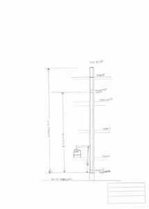 En håndtegnet snittegning som viser et tverrsnitt gjennom en bygning eller struktur, med angitte høyder (f.eks. 10700 mm) og nivåer (GULL KJELLER, PLAN 1, PLAN 2, etc.).
