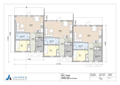 Etasjeplan (Plan 1. Etasje) som viser romfordeling, mål og funksjoner for tre boliger i rekke.