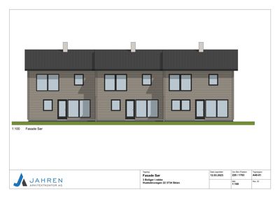 Fasadetegning som viser opprisset av en boligrekke sett fra sør.