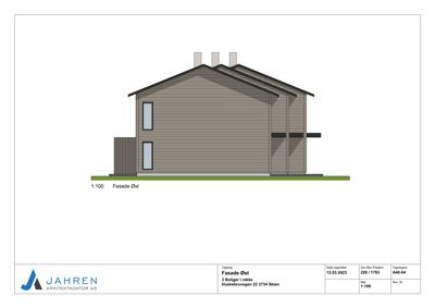 Fasadetegning (opprikk) av en bolig i rekke, sett fra øst.