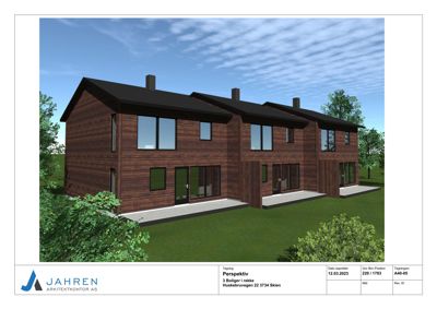 3D-visualisering (perspektiv) av en rekkehusbebyggelse med treboliger.