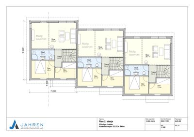 Etasjeplan (Plan 2. etasje) som viser romfordeling, dimensjoner og arealer for tre boliger i rekke.
