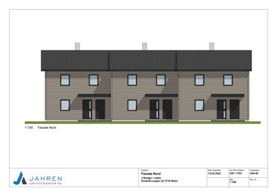 Fasadetegning (opprikk) av en rekkehusbebyggelse sett fra nord.