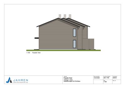 Fasadetegning (opprikk) av bygningens vestside med skisse over takform og vindusinnfall.
