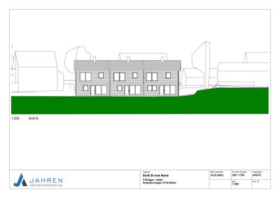 Snittegning (Snitt B mot Nord) som viser bygningens tverrsnitt, høydeforhold og relasjon til terrenget.
