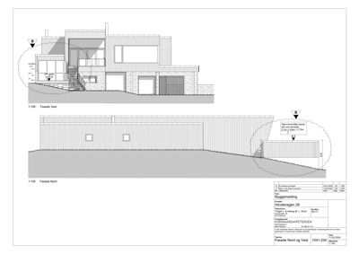 Fasadetegning som viser bygningens utseende fra vest og nord, inkludert materialvalg, vindusoppsett og terrasseløsning.