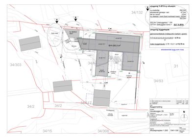 Situasjonsplan som viser tomtens beliggenhet, nabotomter, eksisterende og planlagt bebyggelse, samt utregninger for byggeareal (BYA) og byggehøyde.