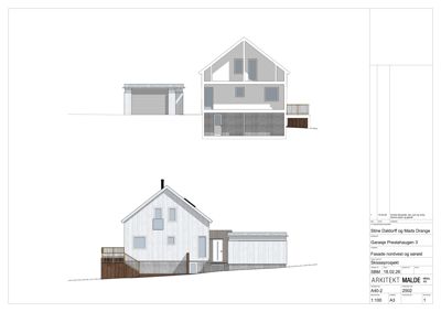 Fasadetegning som viser bygningens utseende fra nordvest og sørøst, inkludert garage og trapp.