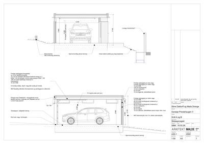 Snittegning (Snitt A og B) som viser tverrsnittet av en garasje med detaljer om konstruksjon, høyder og materialer.