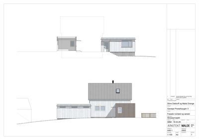 Fasadetegning som viser bygningens utseende sett fra nordøst og sørøst.