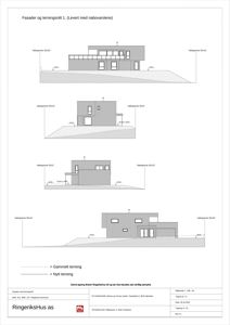 Fasade- og terrengsnitt av en bygning med angivelse av nabogrenser, terrengforhold og bygningshøyder.