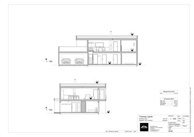 Snittegning av en bolig som viser romfordeling, høyder og etasjer.
