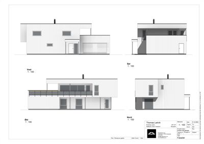 Fasadetegning som viser bygningens utsyn mot de fire hovedretningene: Øst, Vest, Sør og Nord.