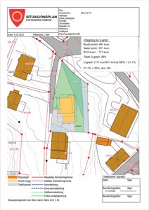 Situasjonsplan for Ringerike kommune som viser eiendomsforhold, bygninger, vannledninger og utregning av U-grad.