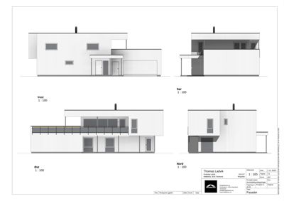 Fasadetegning som viser bygningens utseende fra fire sider: Vest, Sør, Øst og Nord.
