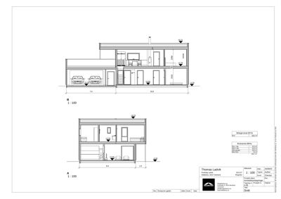 Snittegning som viser bygningens tverrsnitt, romfordeling, høyder og konstruksjon.