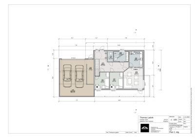 Etasjeplan (1. etg) som viser romfordeling, dimensjoner og plassering av kjøkken, stue, soverom og garasje.