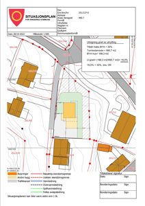 Situasjonsplan for Ringerike kommune som viser eiendomsforhold, nabobygninger, vannledninger og utregning av grad av utnyttelse.