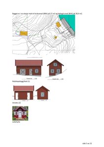 Bildet viser en fasadetegning med situasjonsplan øverst, samt detaljerte tegninger av fasader for en redskapsbygg/bod, et anneks og en lekehytte.